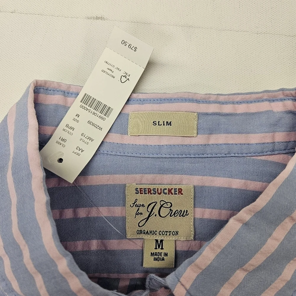 NWT J Crew Shirt Mens Med Slim Seersucker Striped Blue Pink Button Down Cotton